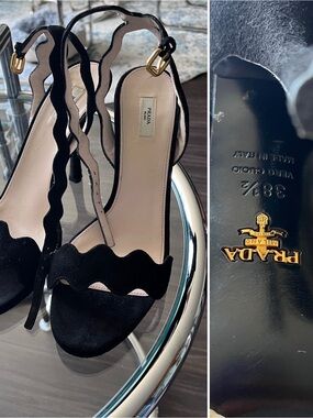 Prada Black Suede scalloped Sandals 38.5